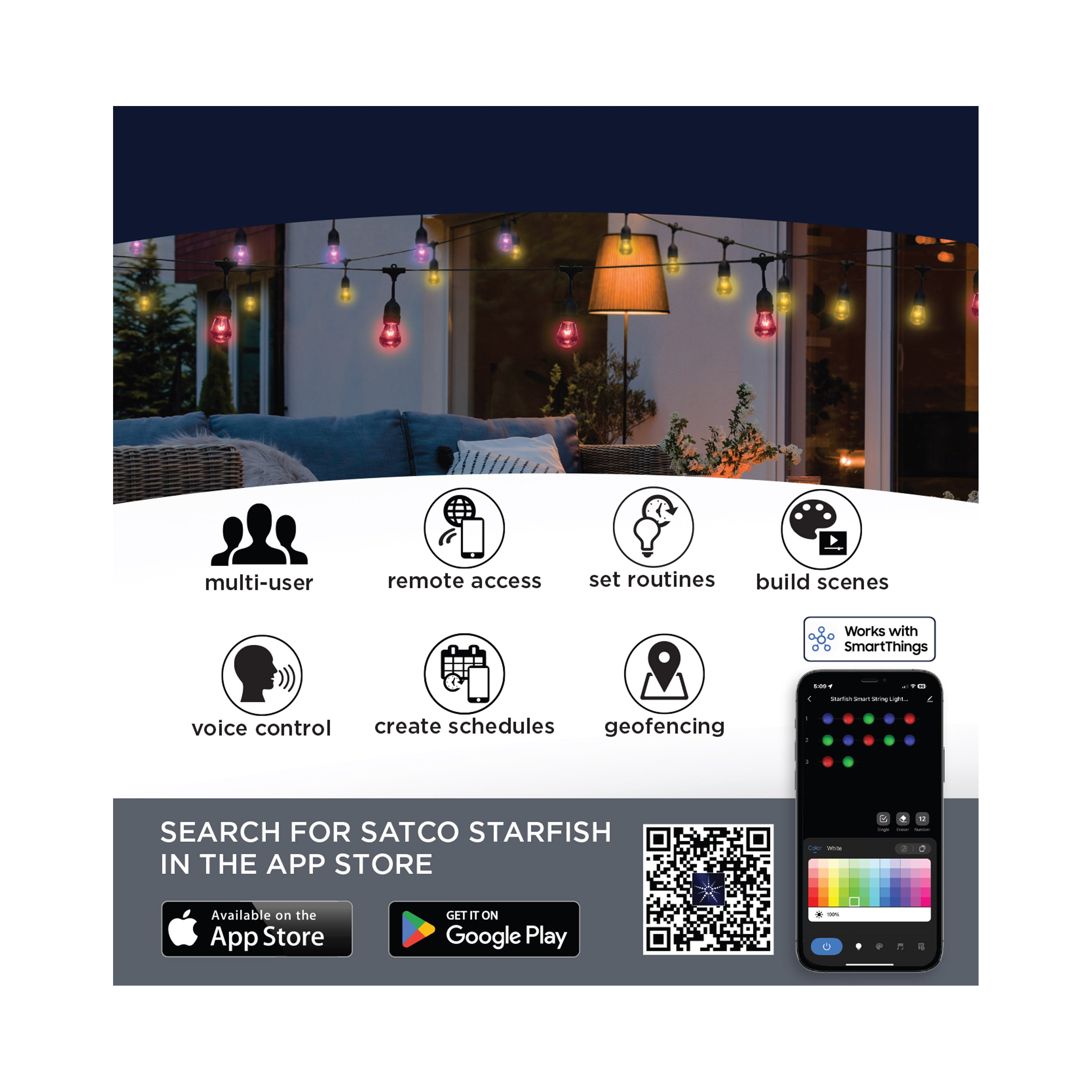 Satco Products S11191 Starfish Smart LED 48ft - 15 Light - Indoor/Outdoor String Lights