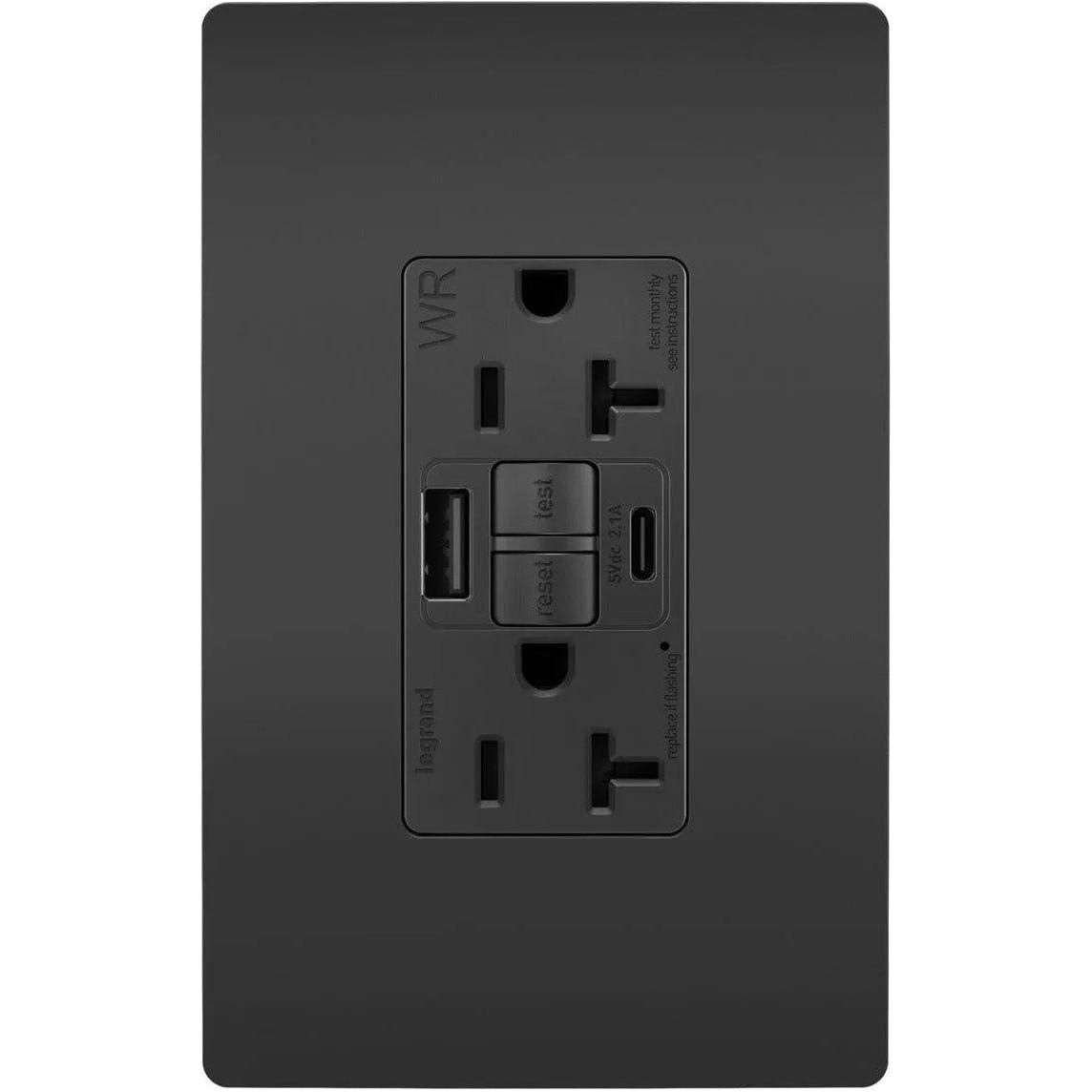 Legrand Radiant - radiant® 20A Tamper Resistant Outdoor Self Test GFCI USB Type A/C Outlet - 2097TRWRUSBACBK - Canada Light Shop
