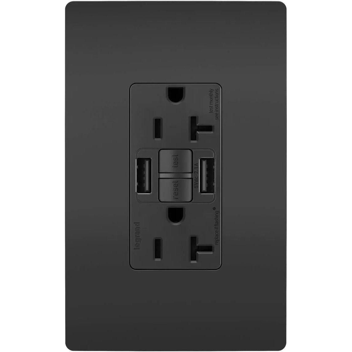 Legrand Radiant - radiant® 20A Tamper Resistant Self Test GFCI USB Type A/A Outlet - 2097TRUSBAABK - Canada Light Shop